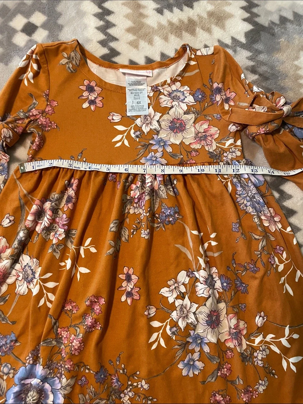 Girls fall Floral Tie-Sleeve Dress - Rust